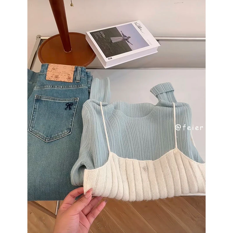 早秋穿搭一整套女2025新款时尚气质针织打底衫百搭吊带背心两件套