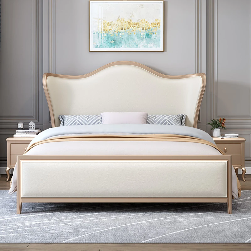 美式轻奢实木床软包真皮床奢华主卧室2米双人床元宝奶油风公主床