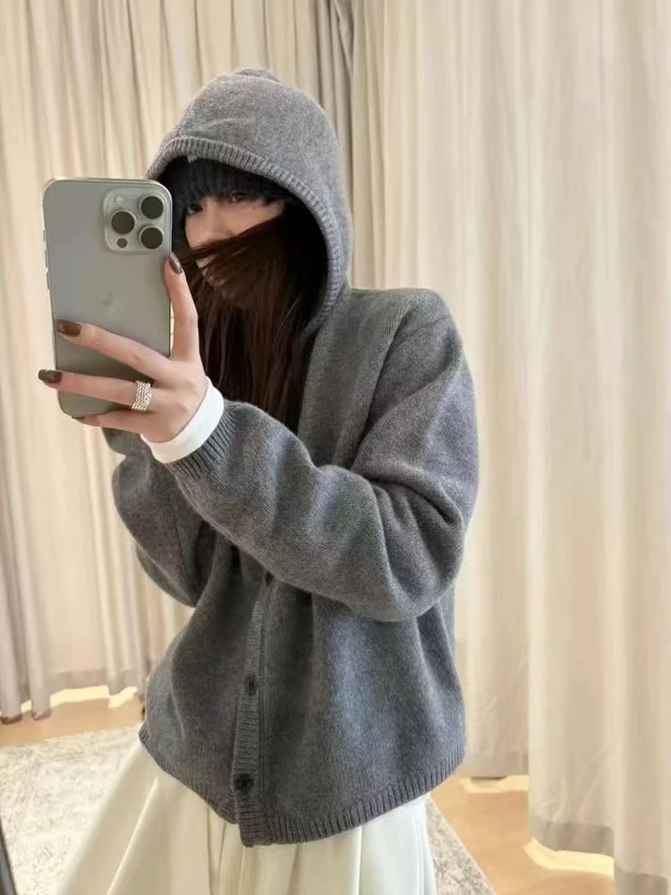QianRH-9663慵懒风秋冬新款氛围感韩版抽绳连帽针织羊毛衫