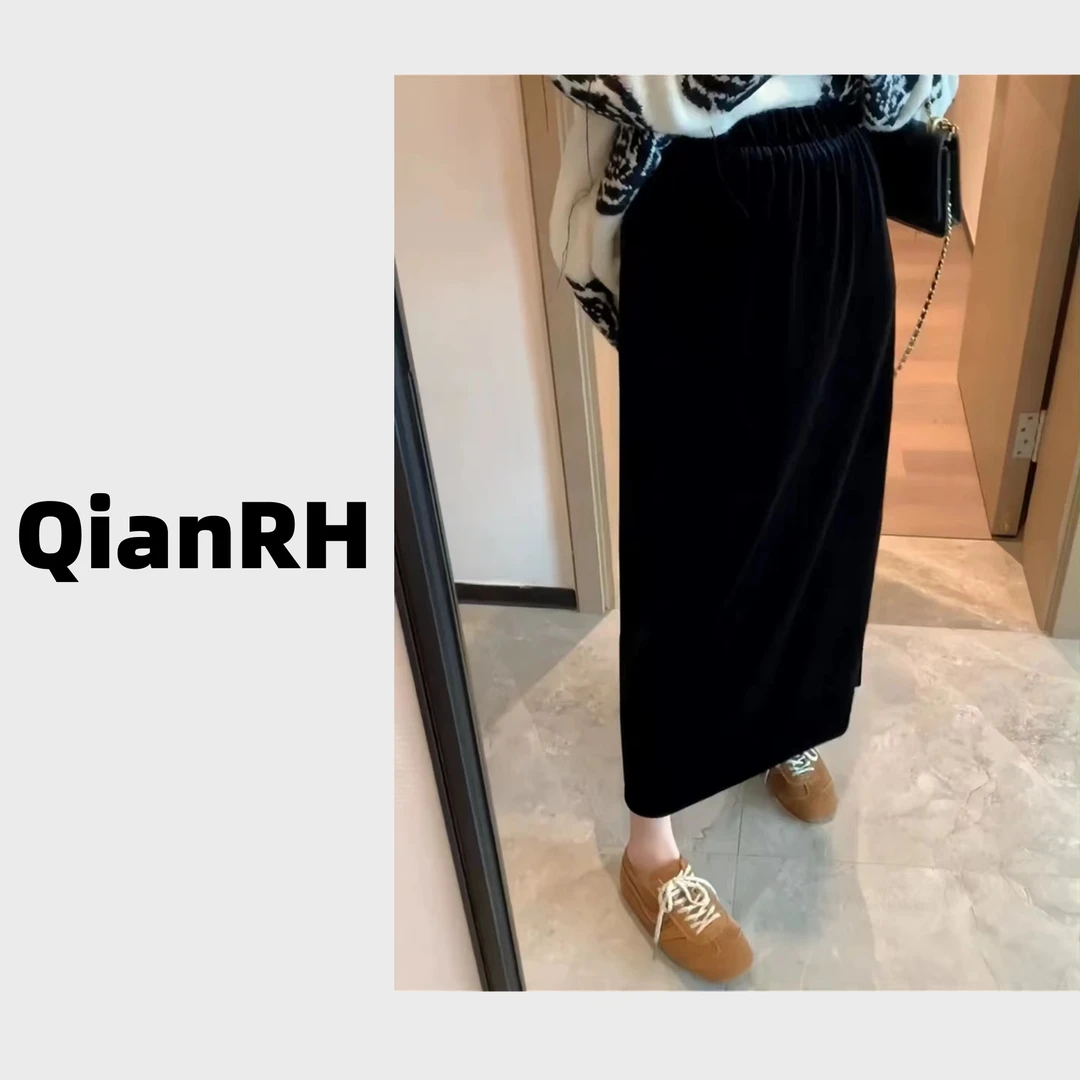 QianRH-9513秋冬新款开叉加绒加厚丝绒半身裙
