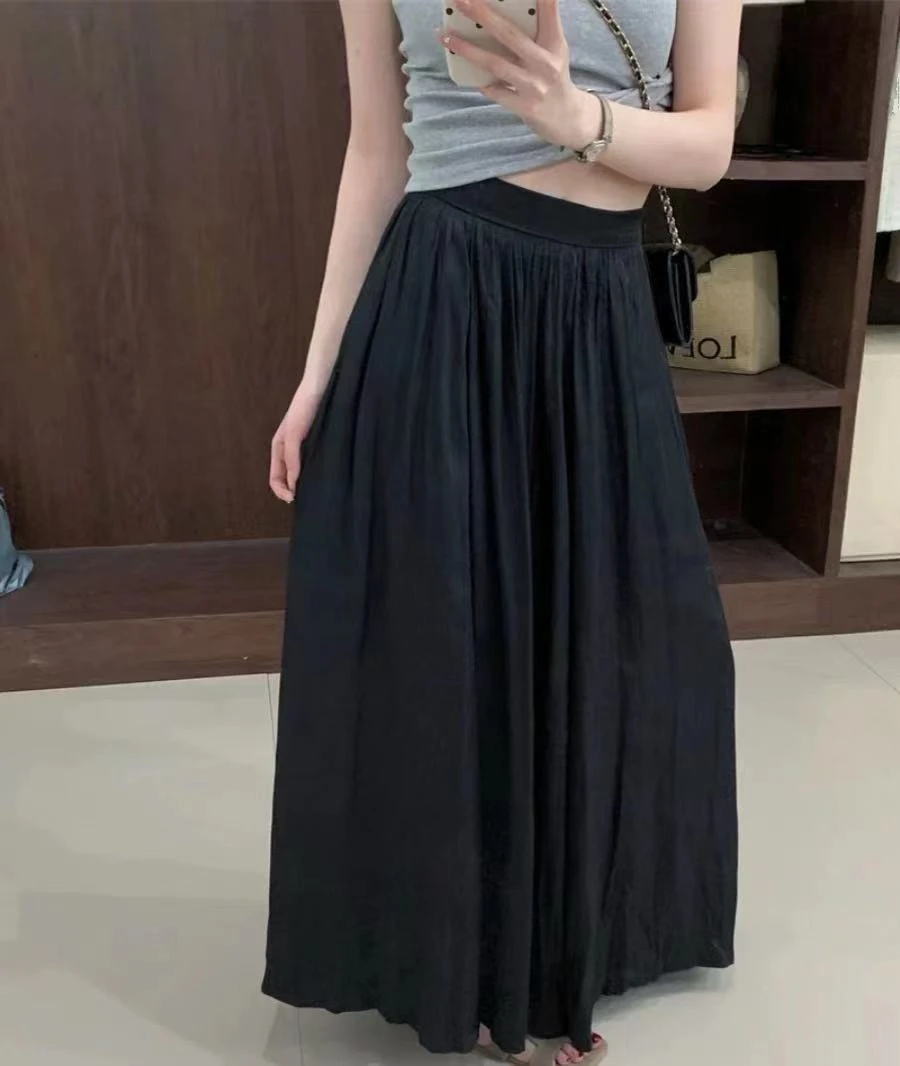 千绒花9357早秋新款轻熟风褶皱百搭纯色半身裙