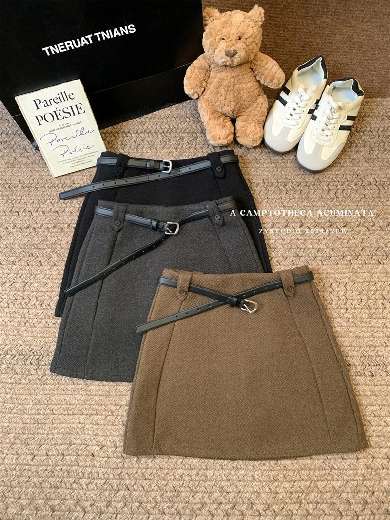 QianRH-9675秋冬新款气质简约复古显瘦百搭毛呢高腰显瘦半裙