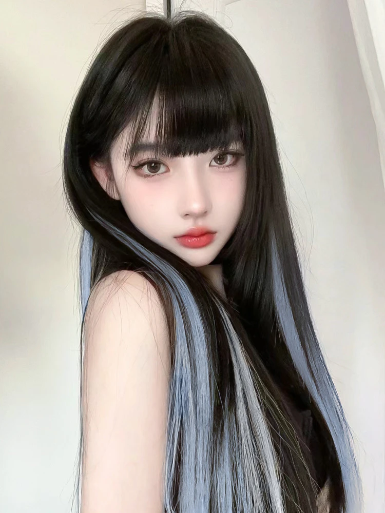 黑长直假发女长发自然全头套式挂耳挑染蓝色齐刘海万用cos 假发套