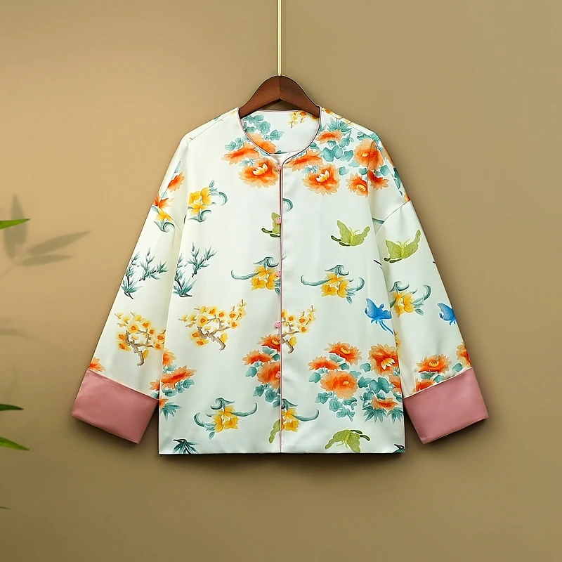 【彩春】2024春季新款新中式宽松外套复古国风春秋圆领印花上衣女款