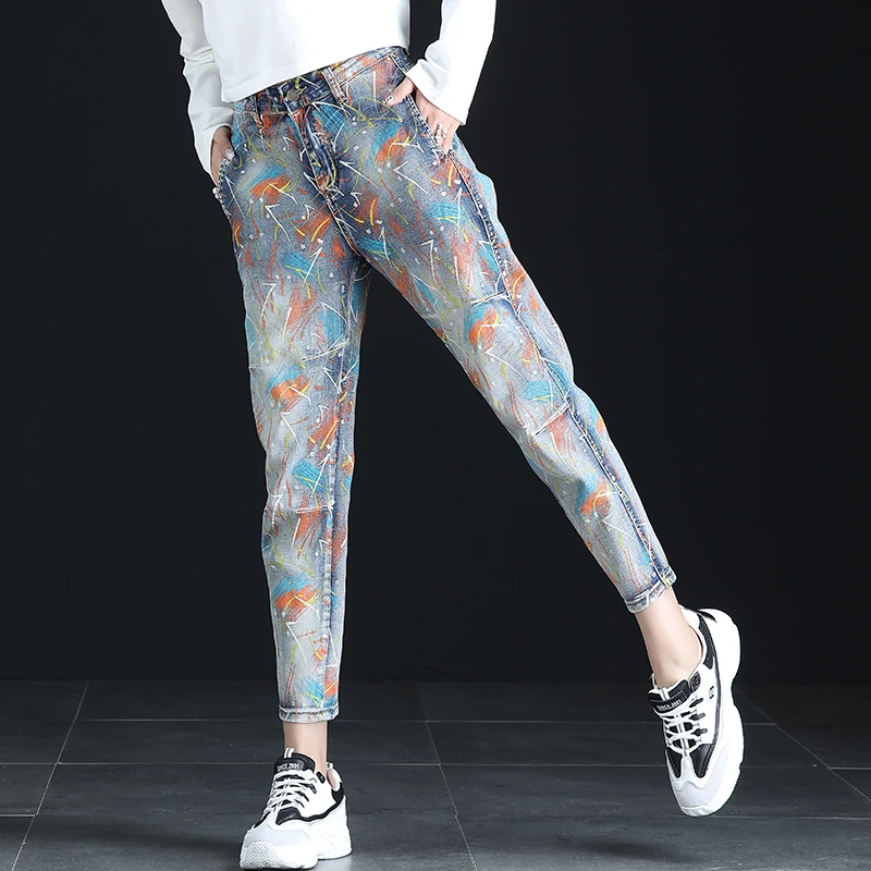 高档印花牛仔裤女爆款2025新款秋季哈伦裤九分裤小个子老爹萝卜裤