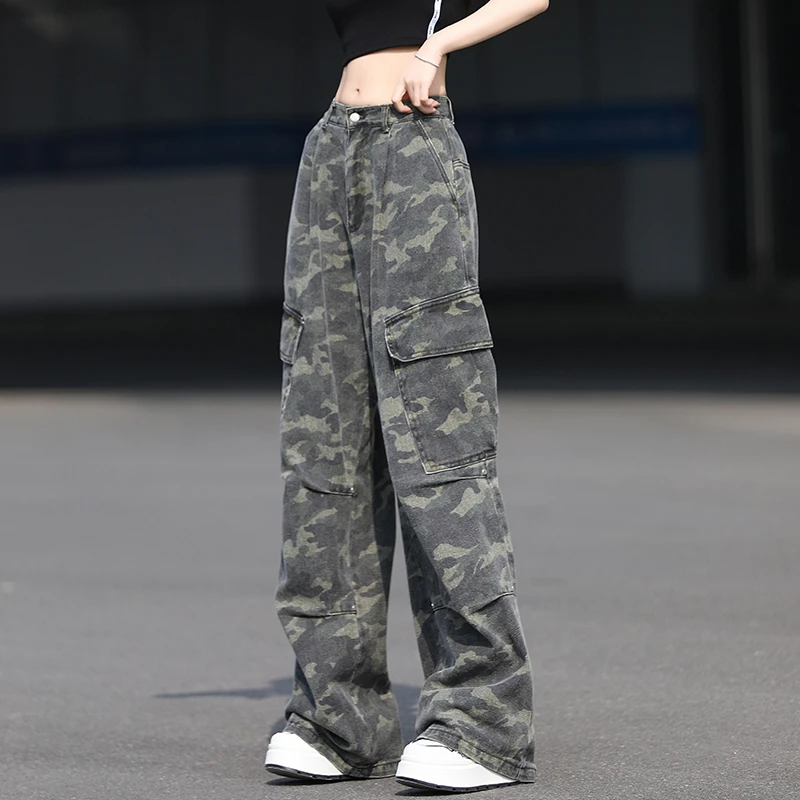 流行潮牌裤子迷彩裤工装牛仔裤女爆款2025新款复古直筒宽松阔腿裤