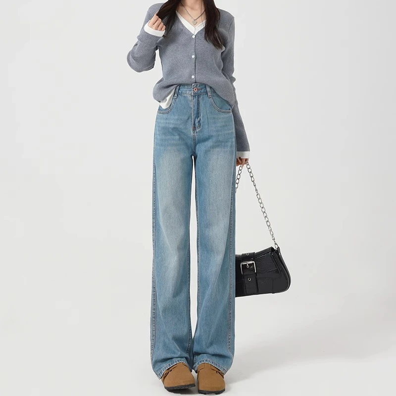 浅色牛仔裤女直筒宽松高腰阔腿裤2025年新款梨形身材显瘦休闲裤子