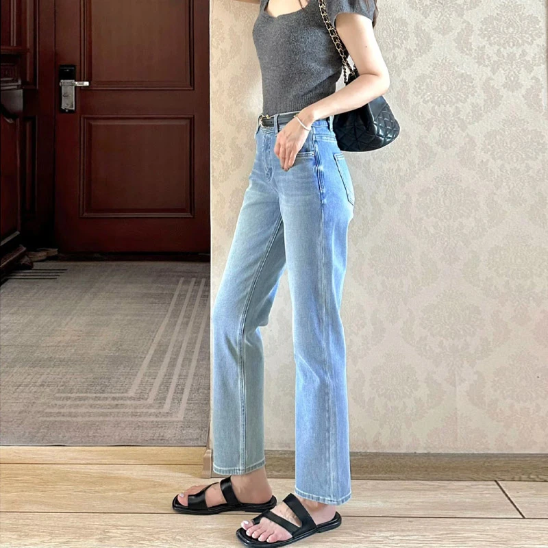浅色九分烟管牛仔裤女2025新款夏季高腰显高显瘦八分小个子直筒裤