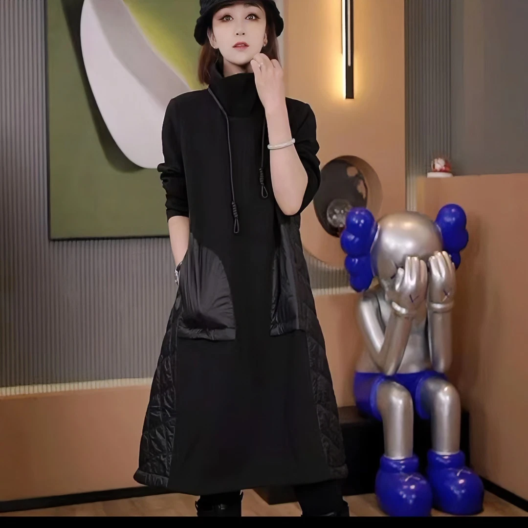 欧韩时尚收腰显瘦拼棉中长女款连衣裙气质针织休闲百搭黑色086