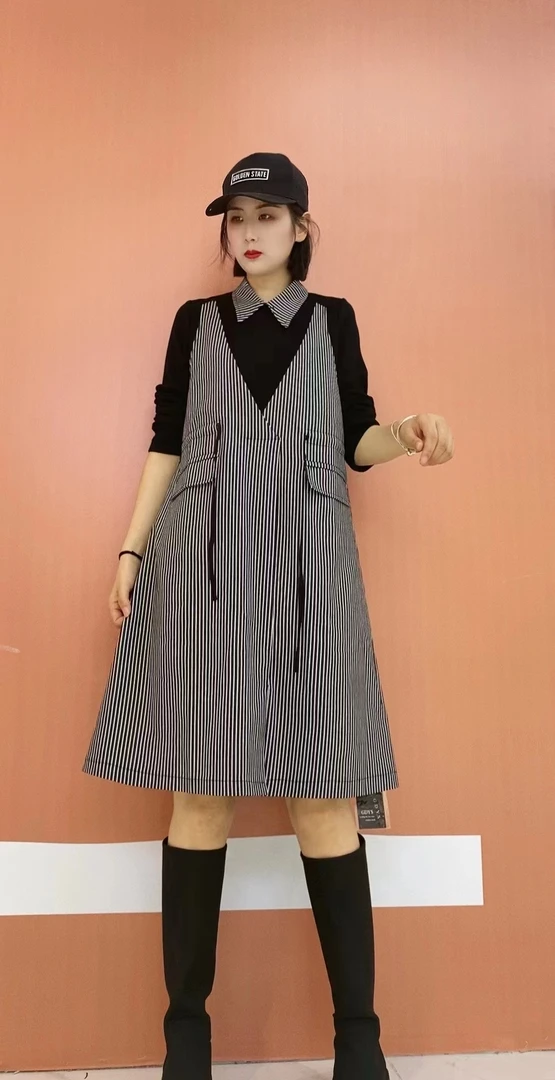 欧韩时尚收腰显瘦假两件中长女款连衣裙5806