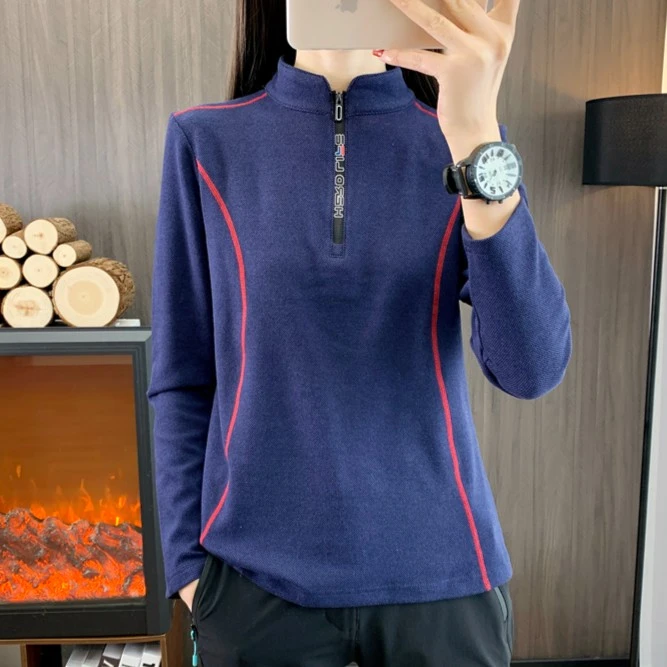 秋冬新款女士德绒打底衫跑步运动长袖T恤立领加绒加厚保暖抓绒衣