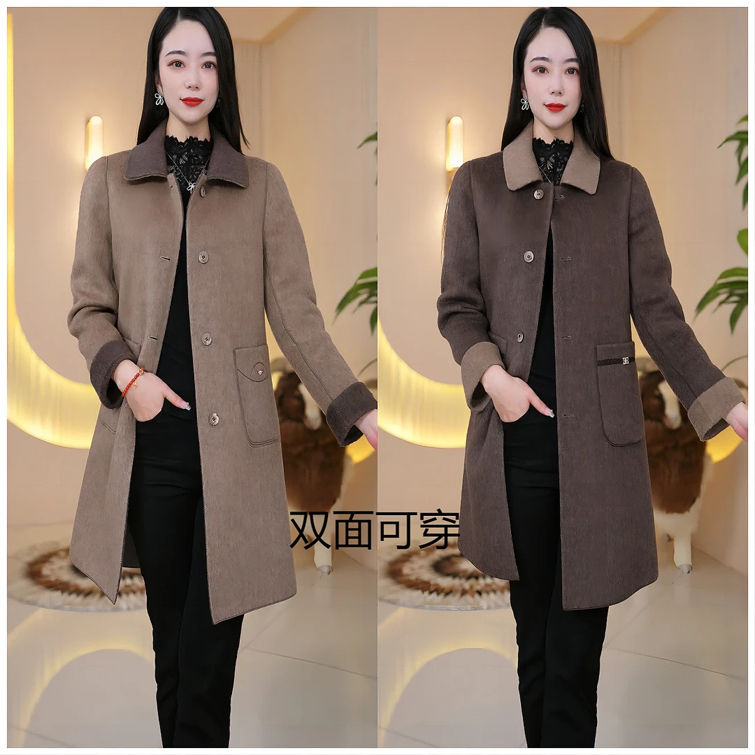 Wliya/维荔娅中长款咖色纯双面穿手工羊毛大码大衣秋冬洋气女时尚