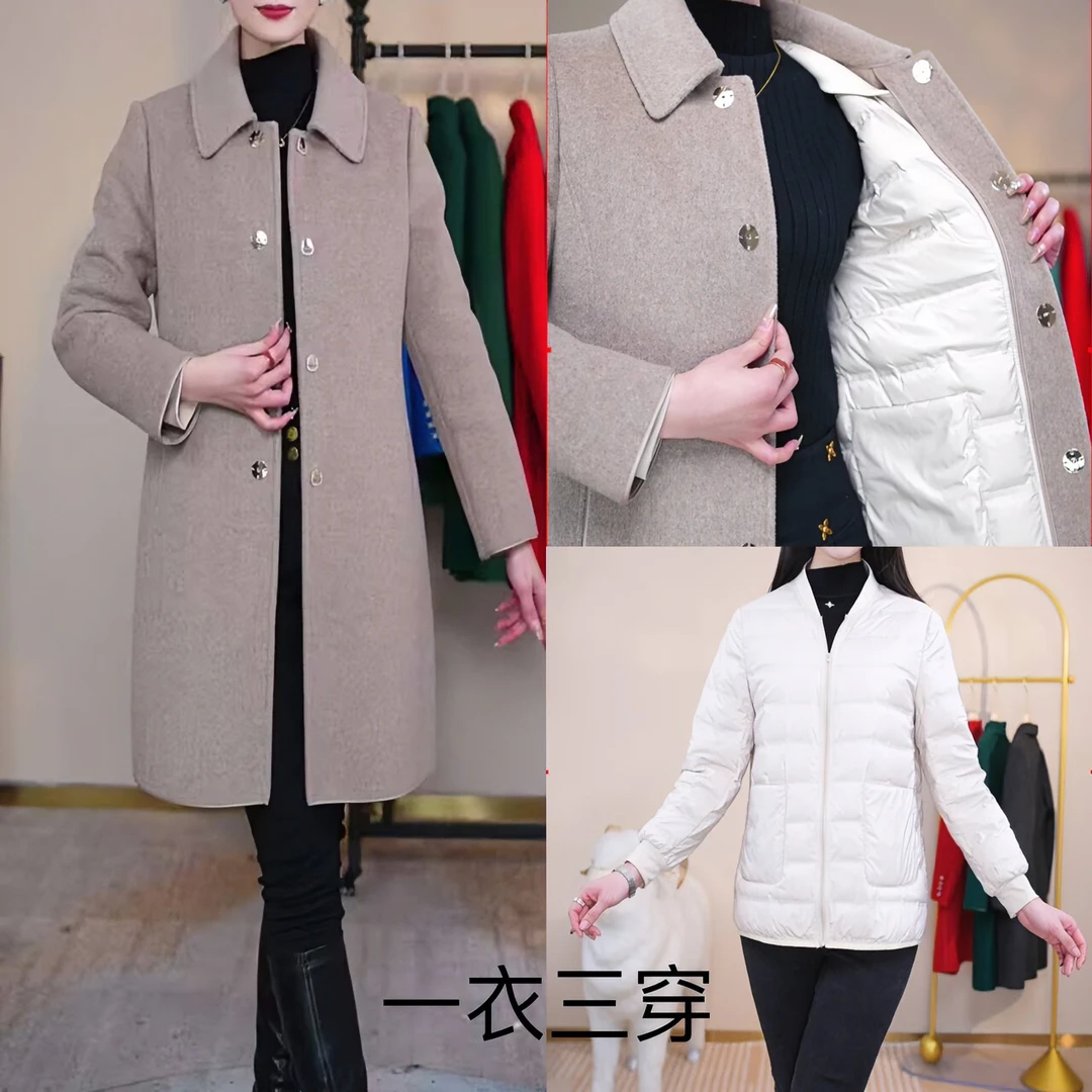 【直播专享】83女款可拆卸内胆鸭绒大衣羊毛中老年派克羽绒服冬装