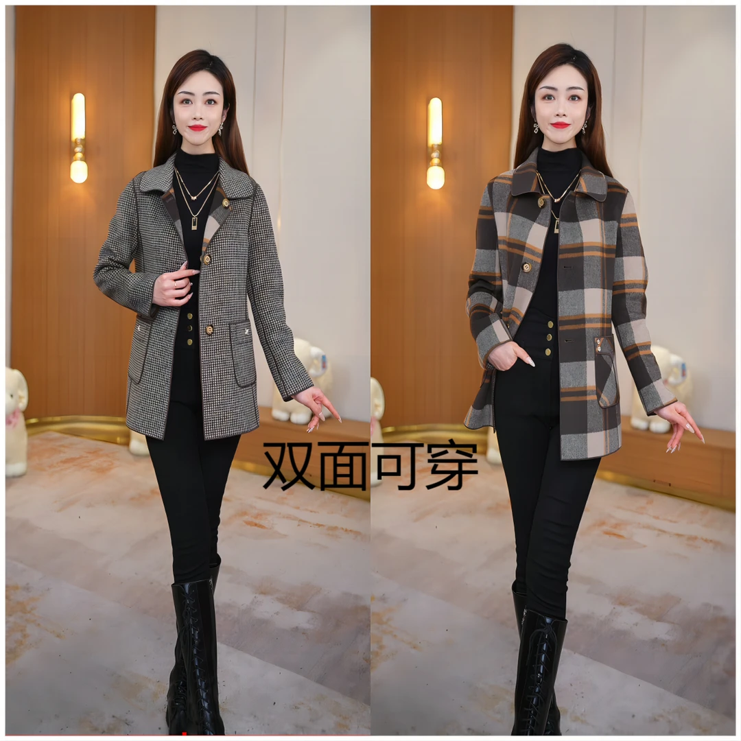 Wliya/维荔娅短款咖色格双面穿羊毛大码显瘦大衣春秋洋气收腰气质