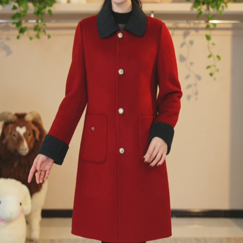 Wliya/维荔娅专享中长款安格拉红纯手工羊毛大码大衣秋冬气质女