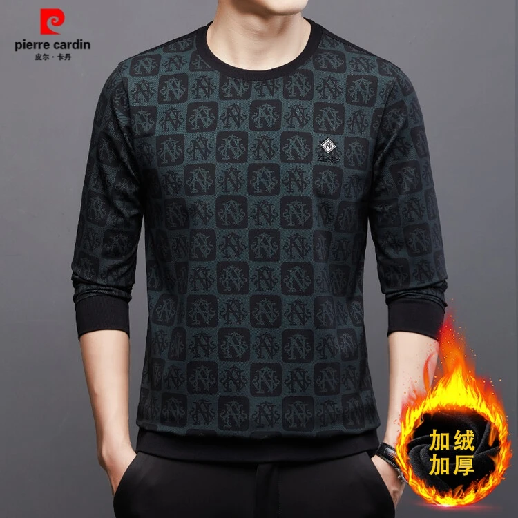 皮尔卡丹新款冬季加绒加厚长袖T恤男士圆领保暖卫衣T恤格纹打底衫