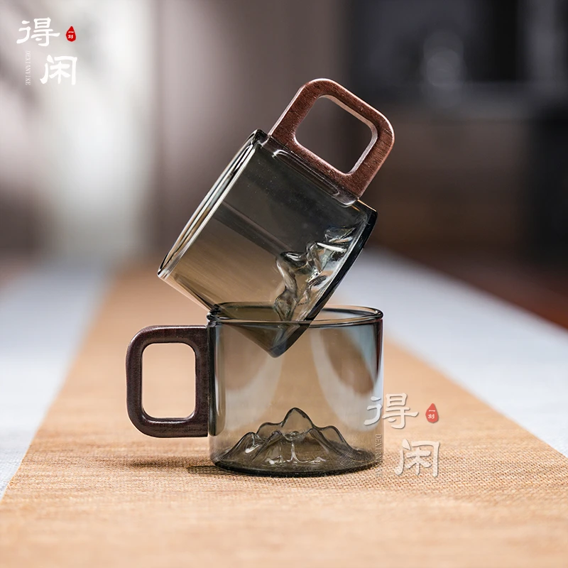 (两只装)山影杯新品耐热玻璃小品杯100ml带把水杯家用礼品喝茶杯
