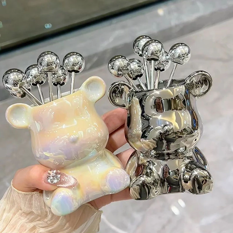 轻奢水果叉陶瓷餐具不锈钢可爱创意收纳罐网红家用高级感水果叉4