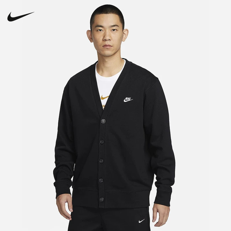 Nike耐克男针织开衫春季新款黑色纯棉休闲叠搭刺绣外套FN3899-010