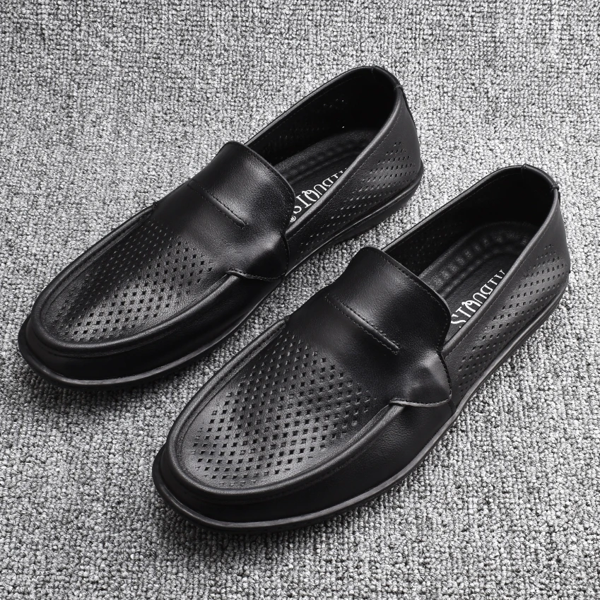 男士透气镂空皮鞋软底软面头层牛皮一脚蹬休闲男鞋轻便一脚蹬鞋男