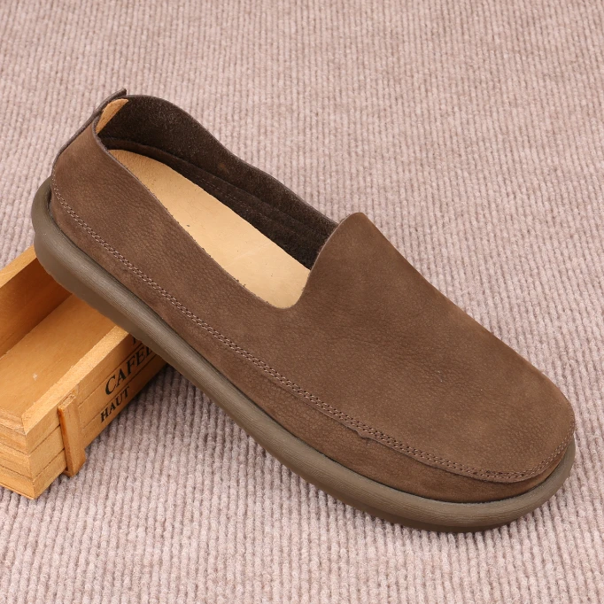 夏季透气外贸豆豆鞋男真皮软底休闲单层皮鞋宽脚圆头一脚蹬开车鞋