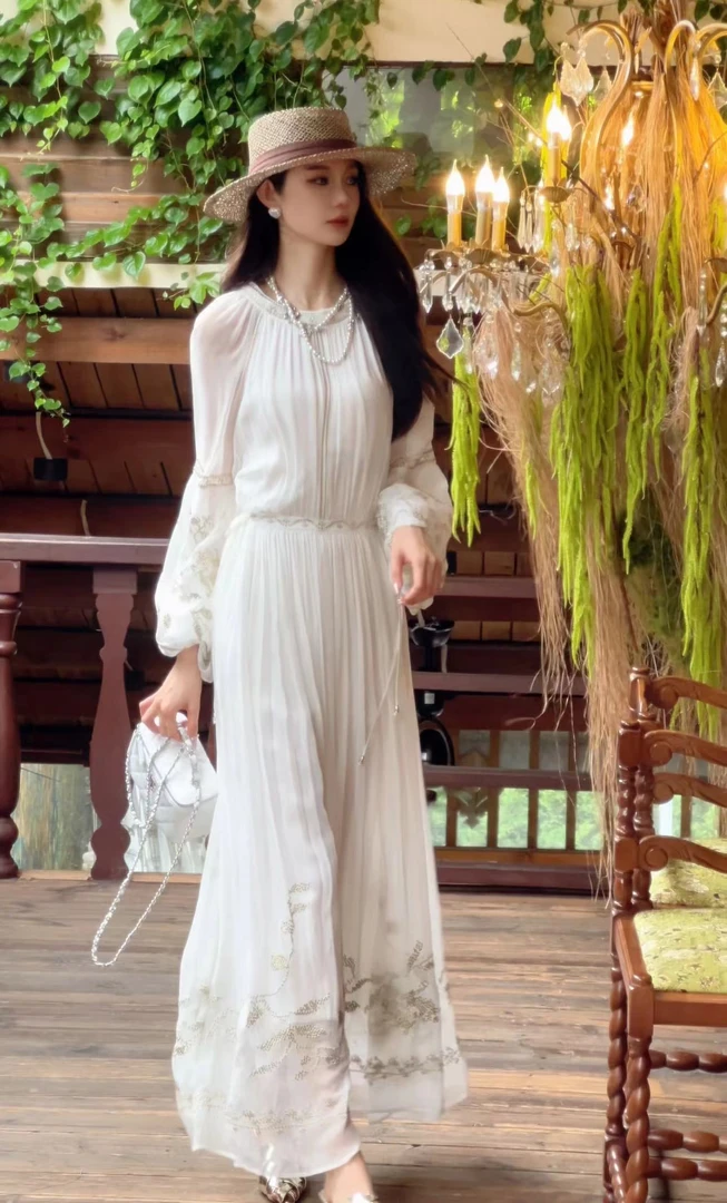 【白色-禾枫原创】重磅100桑蚕丝连衣裙Y24C9055-2