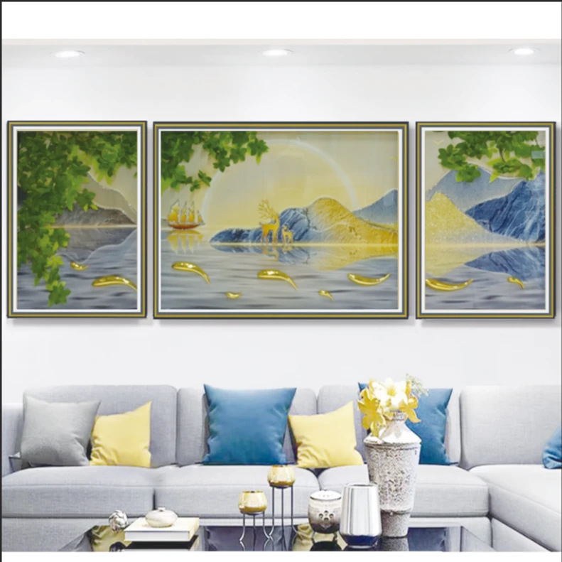 钢化玻璃手工实物装饰画客厅画沙发背景墙挂画三联轻奢风格立体