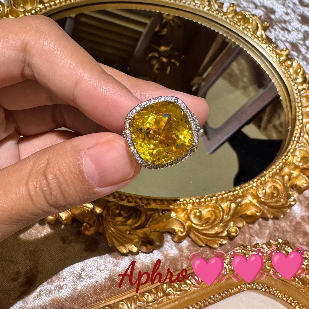 铜合金合成锆石戒指 大克拉豪镶璀璨暮光黄肥方重工戒指