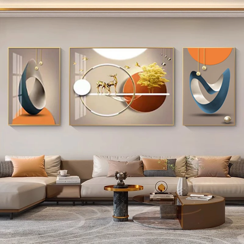 新中式高端轻奢金鹿装饰画沙发背景墙挂画客厅高级感晶瓷画三联画