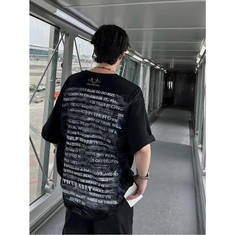 美式高街vibe小众7分袖t恤夏季2023新款黑暗系装网红炸街情侣短袖