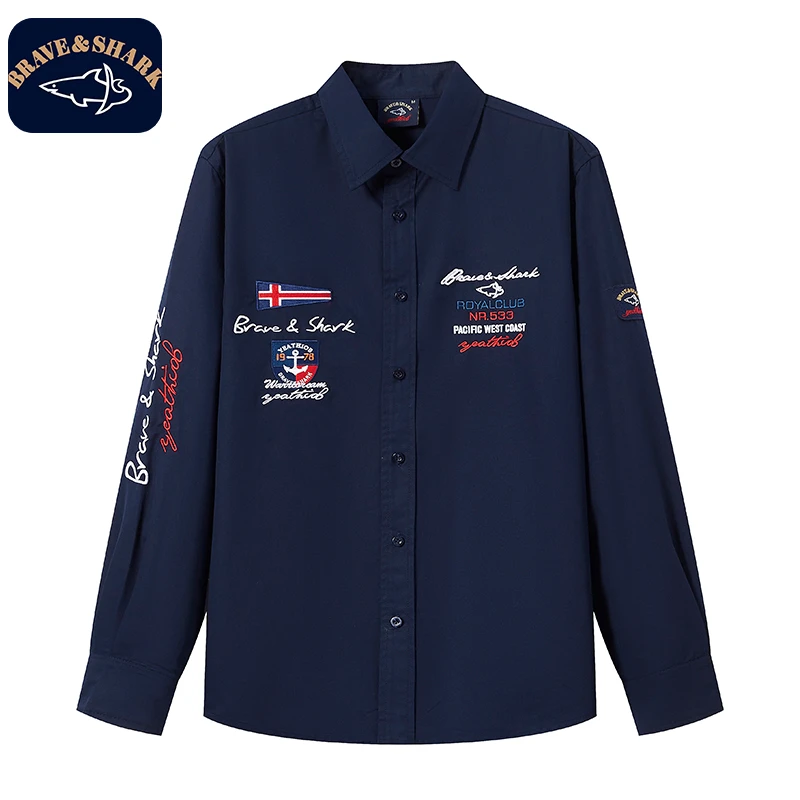 BRAVE&SHARK/勇士鲨鱼男士重工刺绣春秋长袖白色翻领衬衫男款衬衣