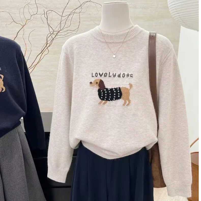 慵懒风卡通提花加厚毛衣打底衫女内搭秋冬圆领宽松显瘦外穿针织衫