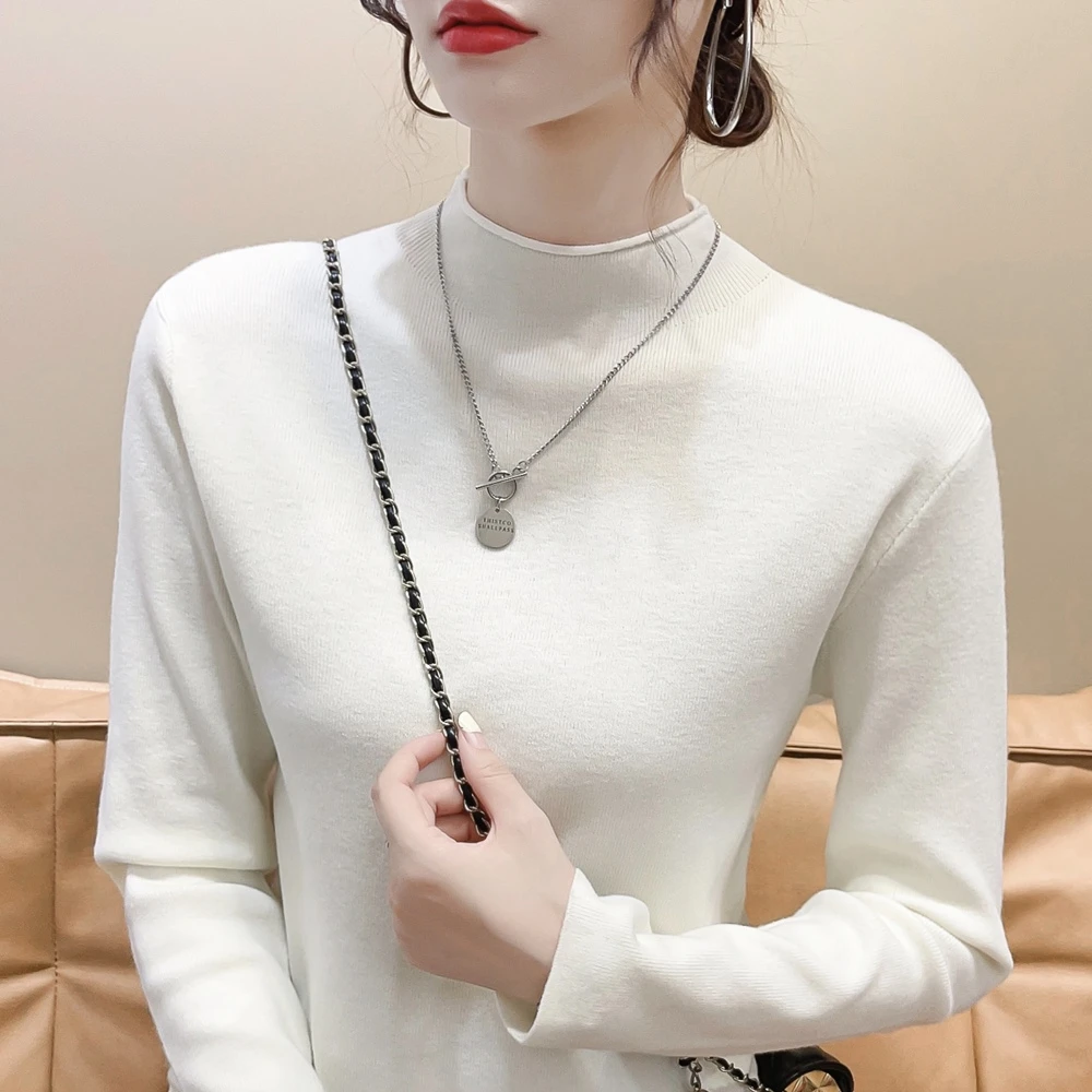 百搭纯色卷边半高领毛衣打底衫女春秋保暖显瘦内搭长袖针织衫上衣