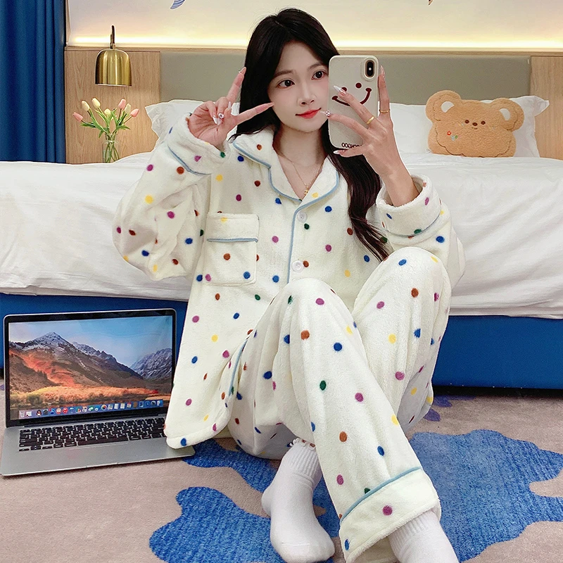 大码MM法兰绒睡衣加绒冬款保暖秋冬季加肥加大家居服套装开衫BB绒