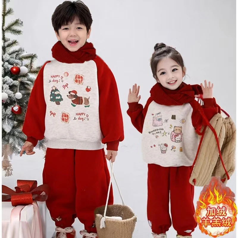 童装2024男女童圣诞加厚加绒套装卡通儿童红色卫衣卫裤两件套