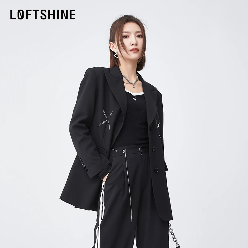 LOFTSHINE珞炫休闲西装外套女23春夏新款黑色气质高级感西服上衣
