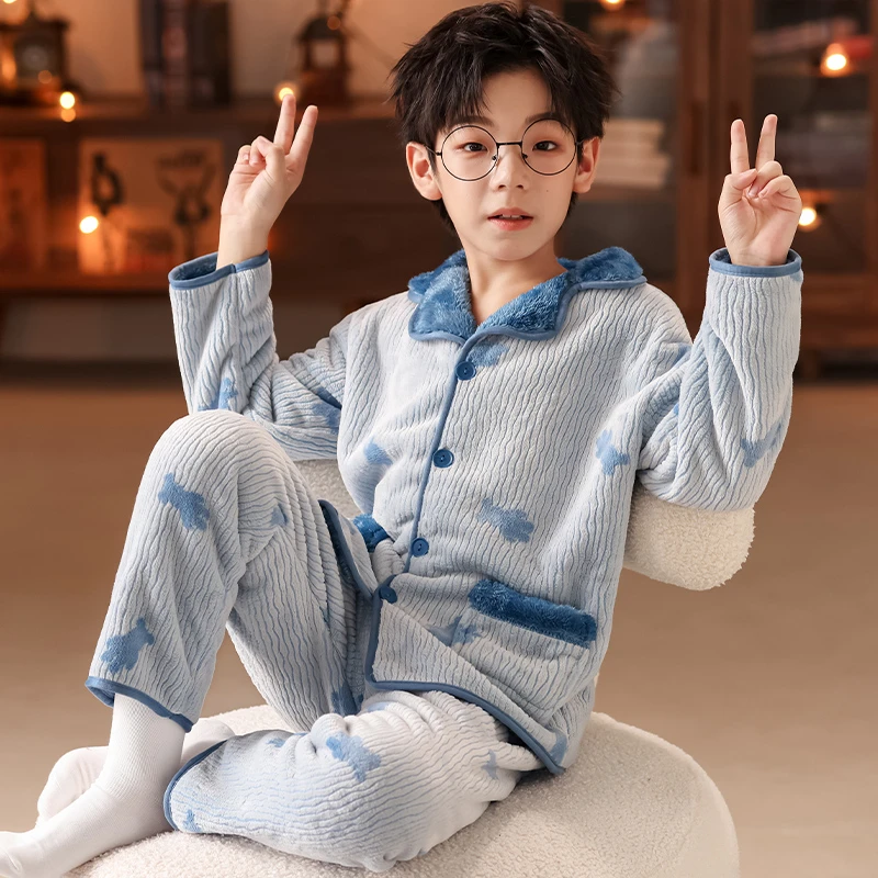 秋冬季儿童睡衣男童珊瑚绒双层加绒加厚款大男孩女童法兰绒家居服