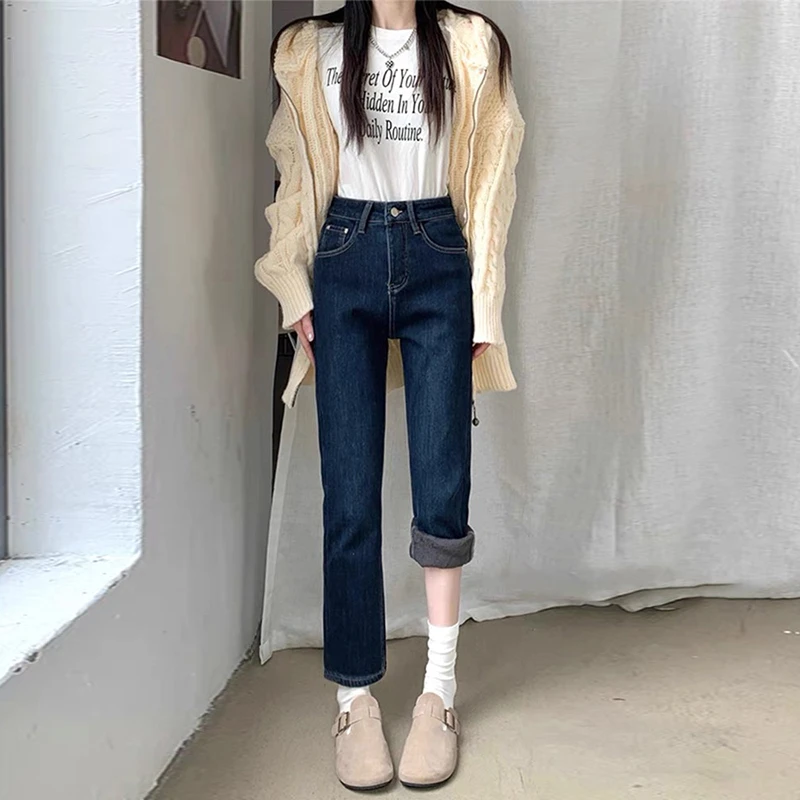 直筒牛仔裤女秋冬季加绒高腰2025年新款蓝灰小个子八分窄烟管裤