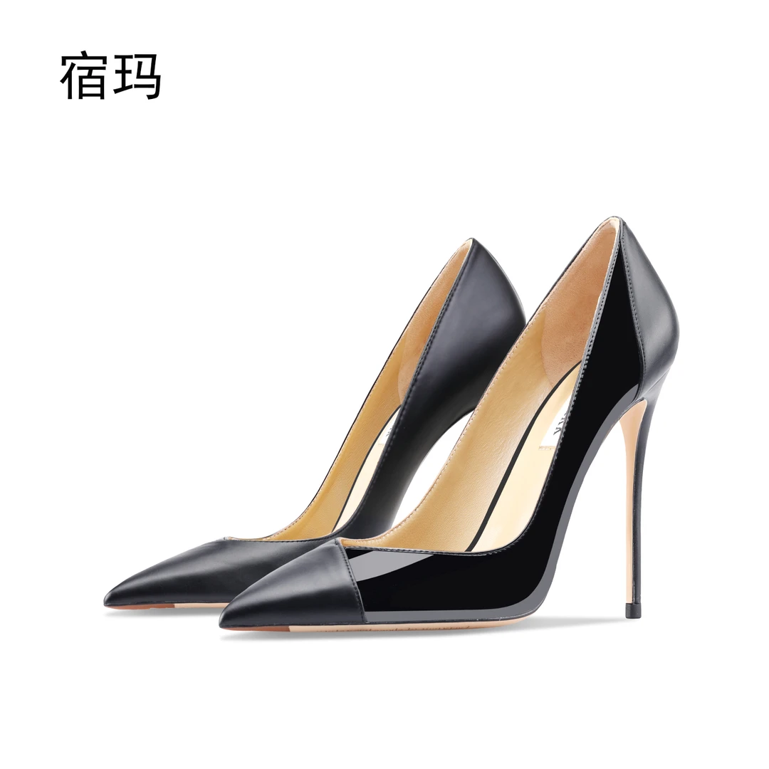 宿玛黑色拼接高跟鞋女2025年新款V口尖头性感漆皮百搭设计感单鞋