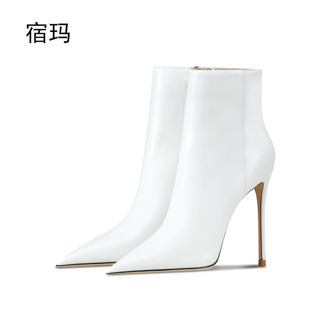 宿玛白色哑光拉链短靴女2025年新款秋冬细跟尖头短筒靴洋气高跟靴