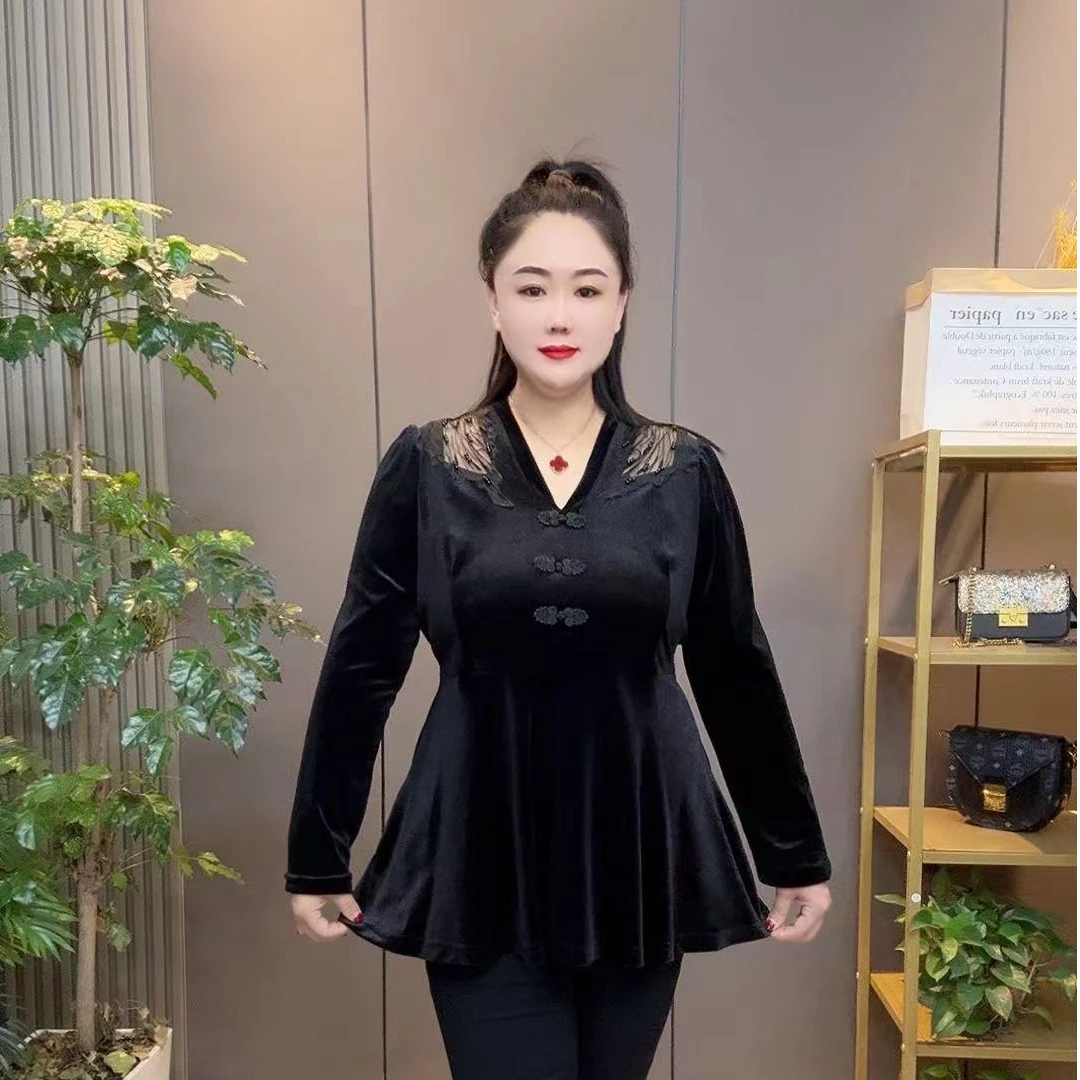 2024秋季新款时尚气质V领盘扣拼接洋气网纱上衣#8891