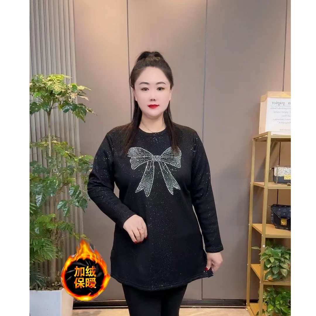 2024冬季新款时尚洋气设计感满天星保重工暖蝴蝶结加绒显瘦上衣