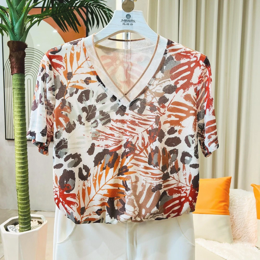 2024夏季新款女装V领系带碎花休闲透气短袖蕾丝百搭显瘦上衣T5297