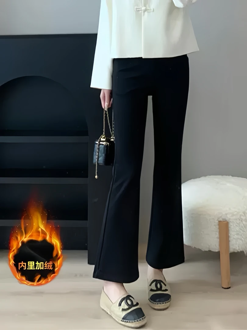 黑色加绒微喇叭裤女2025秋冬新款保暖显瘦垂坠感九分休闲裤