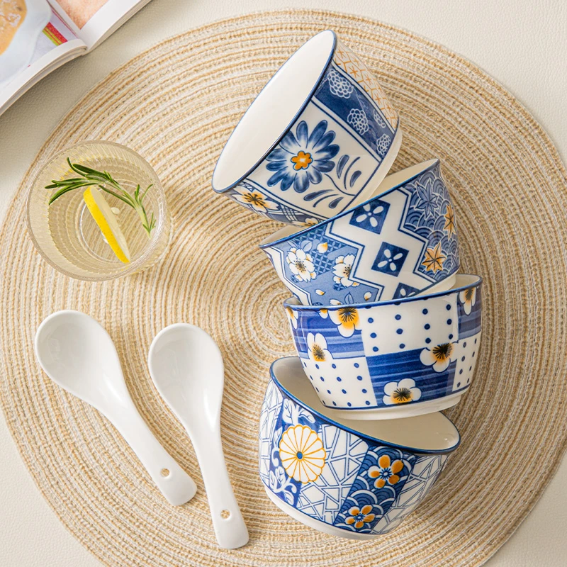 中式复古家用吃饭米饭碗陶瓷釉下彩餐具碗勺组合套装沙拉碗喝汤碗