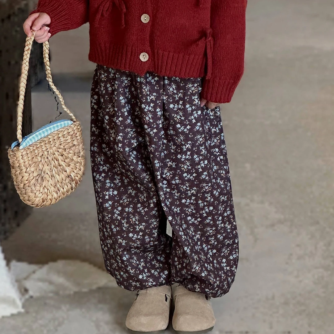 女童新款碎花裤子2024春秋洋气百搭韩版中小童复古束脚裤