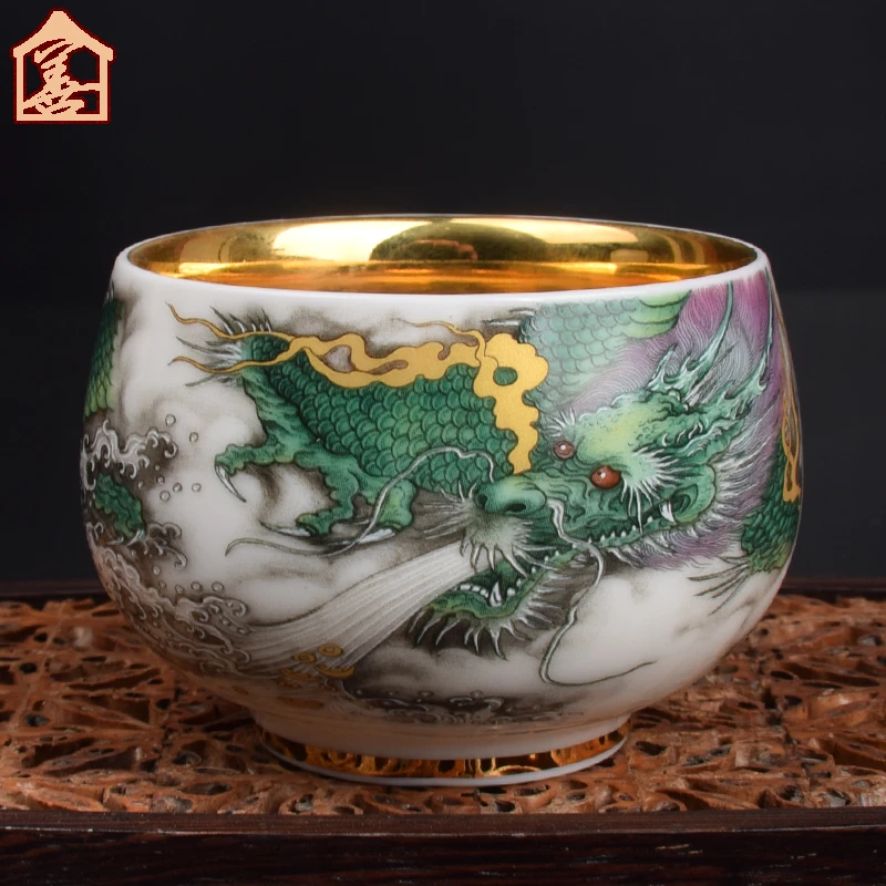 陶瓷鎏金盏德化白瓷主人杯高端羊脂玉青龙茶杯禅定喝茶水杯名师作