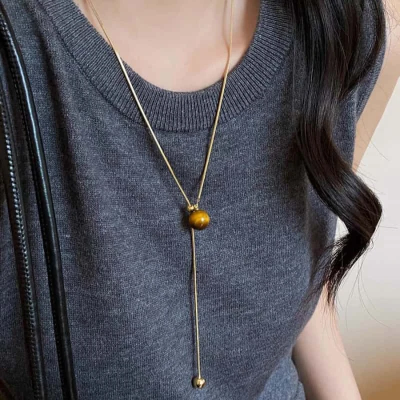 铜合金项链 美拉德虎眼石流苏项链长款抽拉式秋冬毛衣链复古配饰