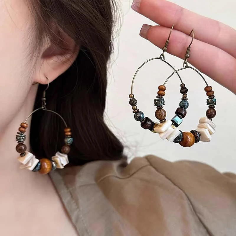 铜合金贝壳耳饰 古铜色不规则小方块木珠耳钩复古波西米亚风耳环
