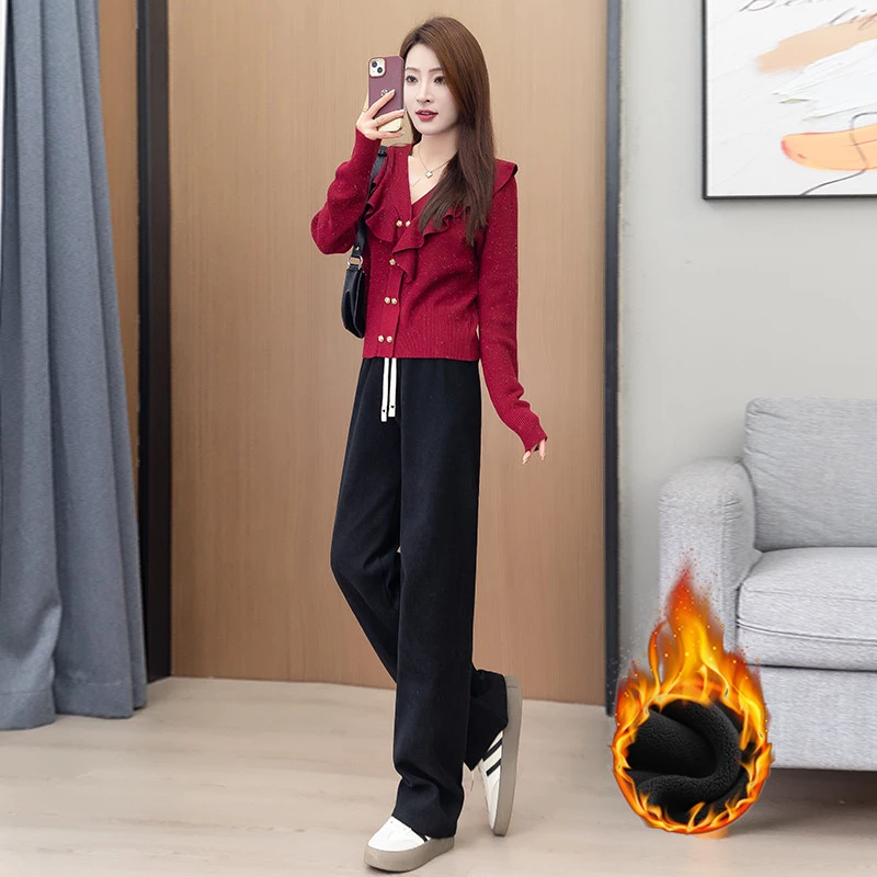 秋冬季外穿阔腿裤女加绒加厚高腰显瘦直筒裤保暖宽松大码休闲裤子